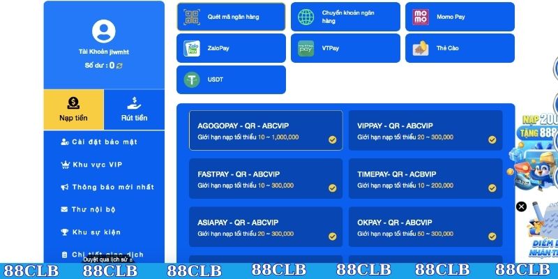 Cách nạp tiền 88CLB nhanh cho người mới